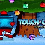 Moș Crăciun pixelat lângă un pom de Crăciun împodobit cu globuri colorate, cu textul Touch & Catch Santa în prim-plan