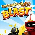 Doi personaje animate în echipament de fotbal american, unul în roșu și altul în negru, cu un fundal albastru și textul Touchdown Blast