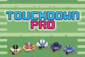 Textul TOUCHDOWN PRO deasupra a cinci jucători de fotbal american stilizați, văzuți de sus, pe un teren verde
