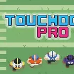 Textul TOUCHDOWN PRO deasupra a cinci jucători de fotbal american stilizați, văzuți de sus, pe un teren verde