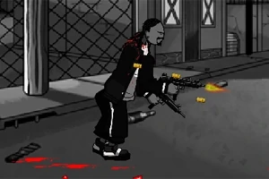 Un personaj animat trage cu două arme automate pe o stradă întunecată, cu trasee de glonț și picături de sânge pe jos