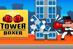 Boxer pixelat sparge o clădire în fața unui fundal urban, cu un logo al jocului în stânga