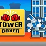 Boxer pixelat sparge o clădire în fața unui fundal urban, cu un logo al jocului în stânga