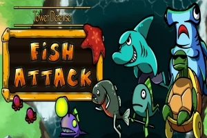 Ilustrație cu animale acvatice caricaturale, precum rechini și o broască țestoasă, alături de un logo cu textul Fish Attack