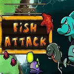 Ilustrație cu animale acvatice caricaturale, precum rechini și o broască țestoasă, alături de un logo cu textul Fish Attack