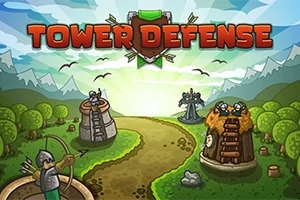 Textul Tower Defense deasupra unui peisaj desenat cu turnuri, un arcaș și drum șerpuit printre copaci și munți