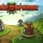 Textul Tower Defense deasupra unui peisaj desenat cu turnuri, un arcaș și drum șerpuit printre copaci și munți