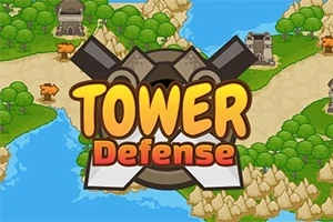 Textul Tower Defense pe un fundal colorat cu hărți, drumuri, apă și copaci