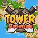Textul Tower Defense pe un fundal colorat cu hărți, drumuri, apă și copaci
