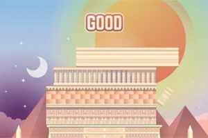 Structură arhitecturală abstractă suprapusă pe un fundal cu cer înstelat, lună și soare, acompaniată de cuvântul GOOD