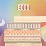 Structură arhitecturală abstractă suprapusă pe un fundal cu cer înstelat, lună și soare, acompaniată de cuvântul GOOD