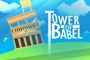 Un turn în stil antic, înclinat, cu inscripția Tower of Babel pe un fundal albastru cu nori