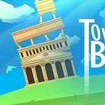 Un turn în stil antic, înclinat, cu inscripția Tower of Babel pe un fundal albastru cu nori