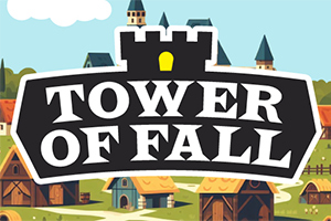 Logo-ul „Tower of Fall” pe un fundal cu un orășel medieval, cu case și turnuri