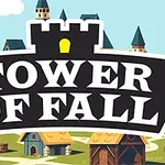 Logo-ul „Tower of Fall” pe un fundal cu un orășel medieval, cu case și turnuri