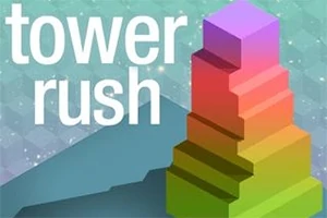 Textul tower rush alături de o structură de turn în gradient de culori pe un fundal geometric simplu