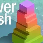 Textul tower rush alături de o structură de turn în gradient de culori pe un fundal geometric simplu