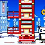 Un panda pixelat cu un bambus într-un peisaj urban înzăpezit, alături de o structură verticală roșie și un obiect rotund plutitor