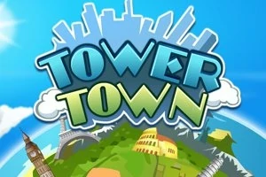 Textul colorat Tower Town deasupra unui peisaj stilizat cu monumente iconice și un orizont urban pe fundal albastru