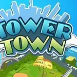 Textul colorat Tower Town deasupra unui peisaj stilizat cu monumente iconice și un orizont urban pe fundal albastru