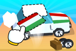 Un puzzle cu o mașină albă din piese, incluzând garnituri cu tricolor, o mână desenată indicând asamblarea și accesorii auto pe o platformă