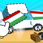 Un puzzle cu o mașină albă din piese, incluzând garnituri cu tricolor, o mână desenată indicând asamblarea și accesorii auto pe o platformă