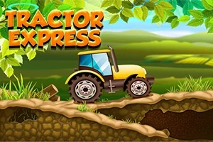 Tractor galben pe un drum denivelat în peisaj rural cu frunze verzi și câmpuri în fundal