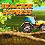 Tractor galben pe un drum denivelat în peisaj rural cu frunze verzi și câmpuri în fundal