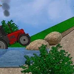 Un tractor roșu traversează un râu, pe fundalul unui peisaj cu o moară de vânt și dealuri verzi