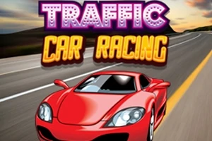 Mașină sport roșie pe șosea la apus, cu textul Traffic Car Racing deasupra