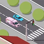 Autovehicule pe o șosea cu un semafor și copaci rotunzi, într-un peisaj urban stilizat