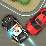 O mașină de poliție și o mașină roșie se intersectează la un colț de stradă