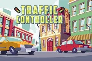 Ilustrație cu mașini galbene și roșii pe o stradă urbană, înconjurate de clădiri și reclame, cu textul TRAFFIC CONTROLLER deasupra