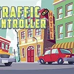 Ilustrație cu mașini galbene și roșii pe o stradă urbană, înconjurate de clădiri și reclame, cu textul TRAFFIC CONTROLLER deasupra