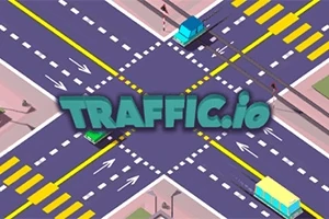 Intersecție animată văzută de sus, cu autovehicule colorate și marcajul Traffic