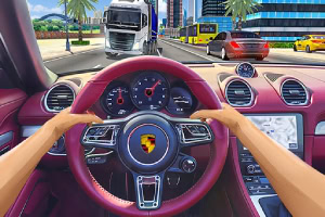 Persoană conducând un automobil cu volan roșu, pe un bulevard aglomerat cu camioane și mașini, înconjurat de clădiri moderne și palmieri
