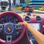 Persoană conducând un automobil cu volan roșu, pe un bulevard aglomerat cu camioane și mașini, înconjurat de clădiri moderne și palmieri