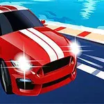 Mașină sport roșie cu dungi albe pe o pistă de curse lângă apă, cu farurile aprinse