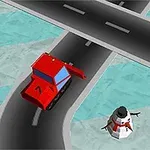 Un utilaj roșu pe un drum intersectat cu un alt drum unde se află o mașină verde și un om de zăpadă în apropiere