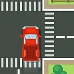 Intersecție rutieră ilustrată cu o mașină roșie și una portocalie
