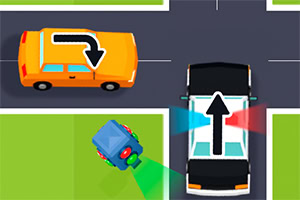 Două mașini pe un drum încrucișat, una portocalie care virează la stânga și una alb-negru care merge drept înainte, și un semafor în colțul intersecției