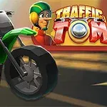 Motocicletă verde stilizată, cu un personaj care poartă cască, în fața unui fundal dinamic și text colorat
