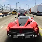 Mașină sport roșie în trafic pe o autostradă aglomerată, cu vehicule diverse în fundal și semne rutiere vizibile
