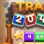 Textul TRAIN și 2048 colorat, cu un design care include un tren și numere pe fundal colorat