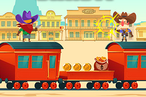 Doi cowboy pe un tren în mișcare, cu clădiri western în fundal și monede pe platforma trenului
