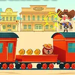 Doi cowboy pe un tren în mișcare, cu clădiri western în fundal și monede pe platforma trenului