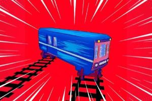 Un tren albastru ilustrat pe un fundal roșu cu linii dinamice albe, sugerând viteză