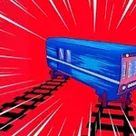 Un tren albastru ilustrat pe un fundal roșu cu linii dinamice albe, sugerând viteză