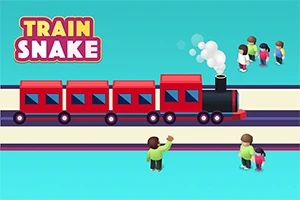 Un tren roșu cu abur pe șine, înconjurat de figuri de oameni stilizate într-un decor simplu
