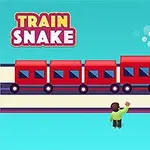 Un tren roșu cu abur pe șine, înconjurat de figuri de oameni stilizate într-un decor simplu